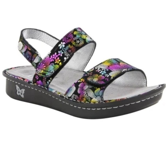 Alegria Verona Colorful Floral Sandals Black Boho Comfort Leather 7 Slip Hippie - Picture 1 of 13